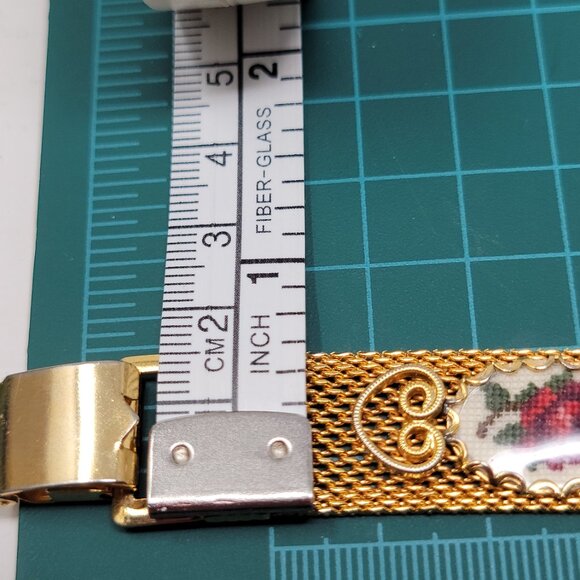 Vintage Gold Mesh Bracelet with Rose Needlepoint Insets - Picture 6 of 6